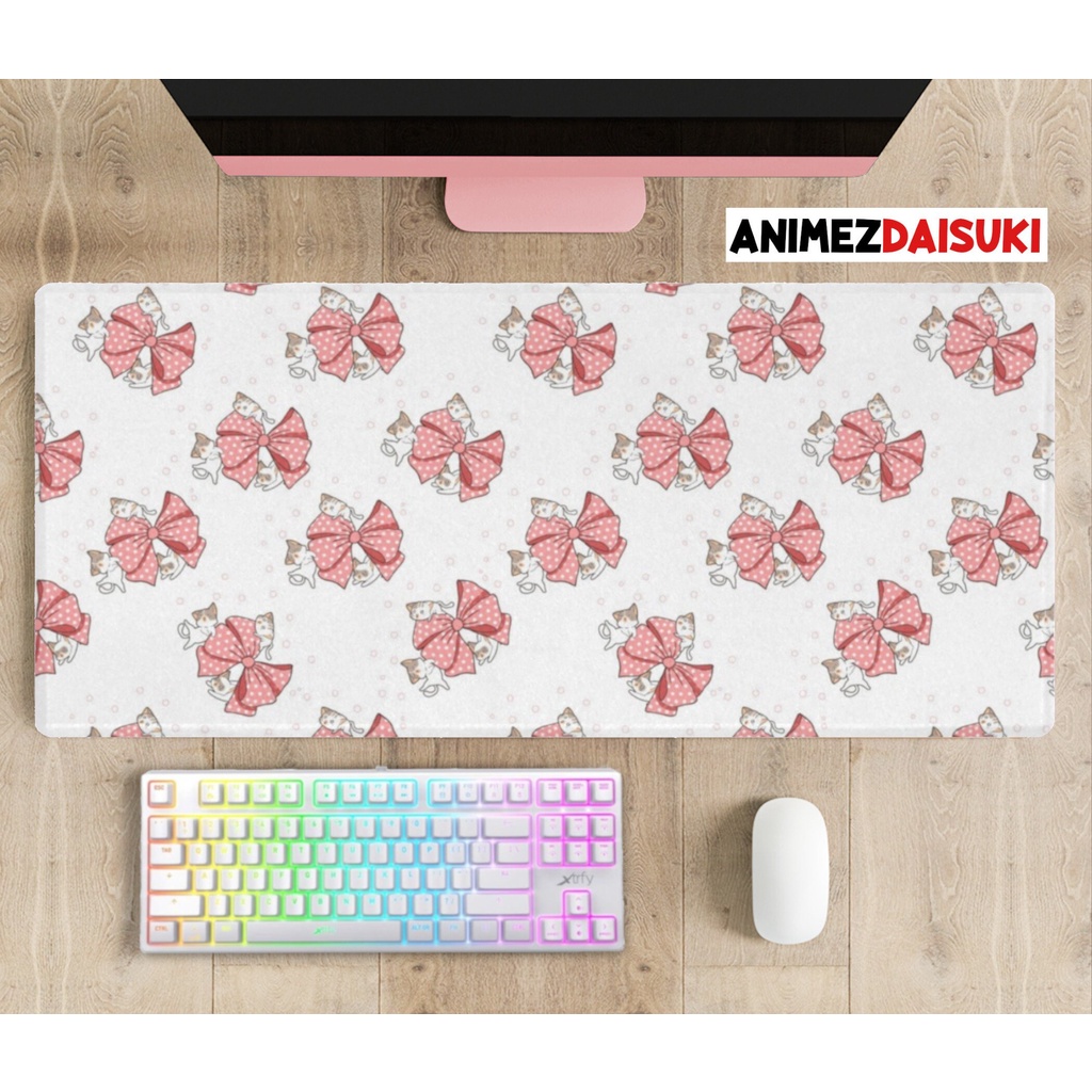 Cute cat white desk mat, Pastel kawaii mousepad, Cat Gaming large desk