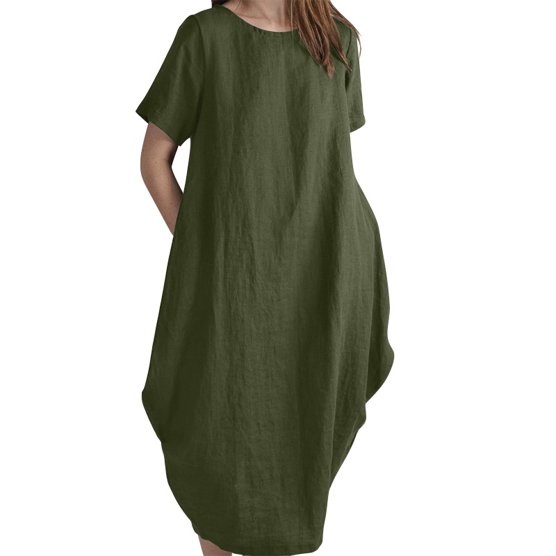 ZANZEA Women ONeck Plus Size MidCalf Length Cotton Dress Plus Size