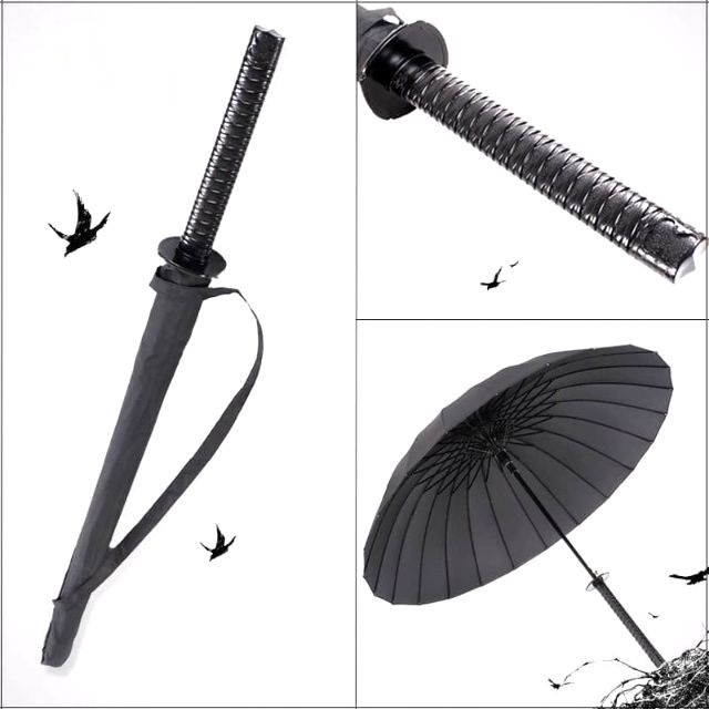 Fashion Black Samurai Umbrella Katana Sword Handle Strap Long Umbrella