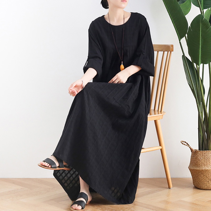 Round Neck Loose Long KaftanBatikLenganPanjang Cotton Linen Robe