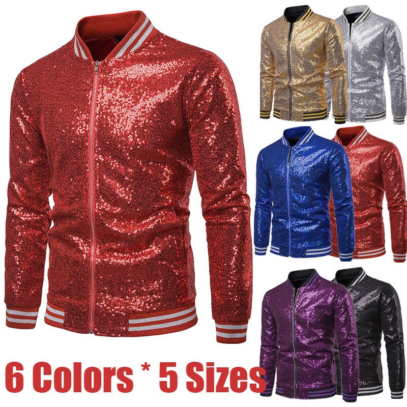 Men Male Sequined Stylish Slim Long Sleeve Baseball Jacket Coat Zipper