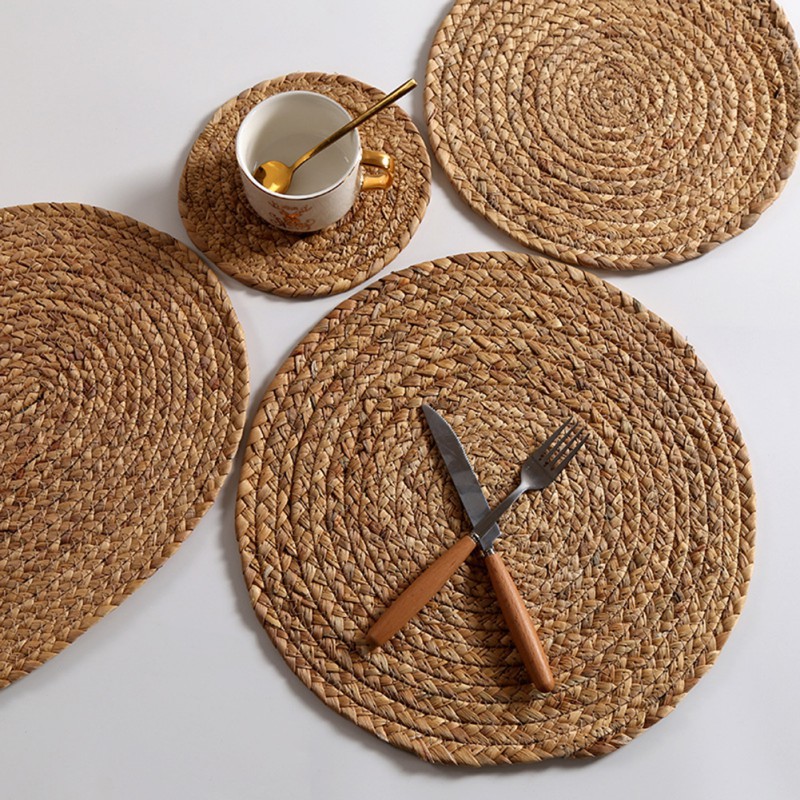Round Woven Placemats For Dining Table, Water Hyacinth Straw Braided