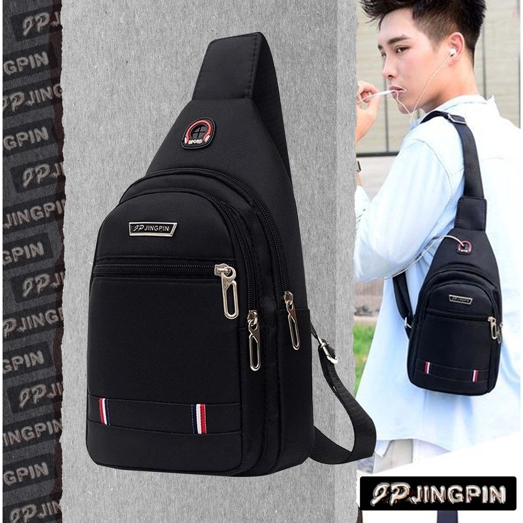 JINGPIN Korean Style KPop Anti Theft Black Sling Bag With Earphone Hole Men Crossbody Bag