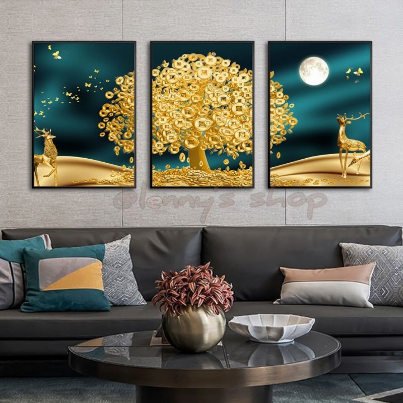 GOLDEN MONEY TREE WALL DECOR FRAME SET 3PCS home wall decorations
