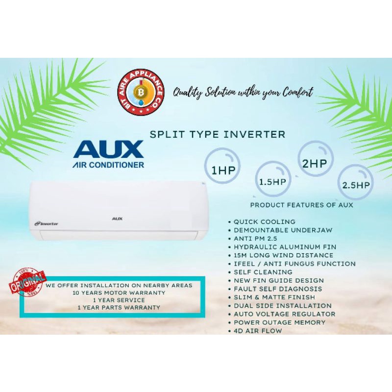 AUX F SERIES FULL DC INVERTER 1HP TO 3HP SPLIT TYPE AIRCON | Shopee