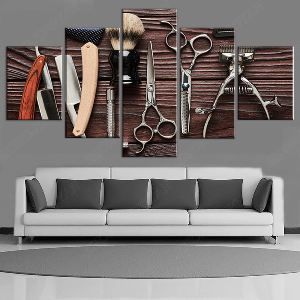 Modern Hairdresser Barber Tools Patterned 5 Panels Canvas Poster