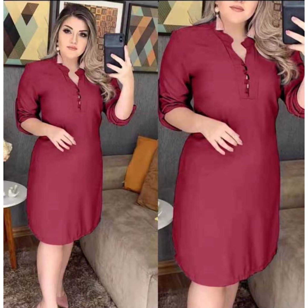 706Women formal Dress Plus Size Lady Loose Solid color 3/4 Sleeve Dress