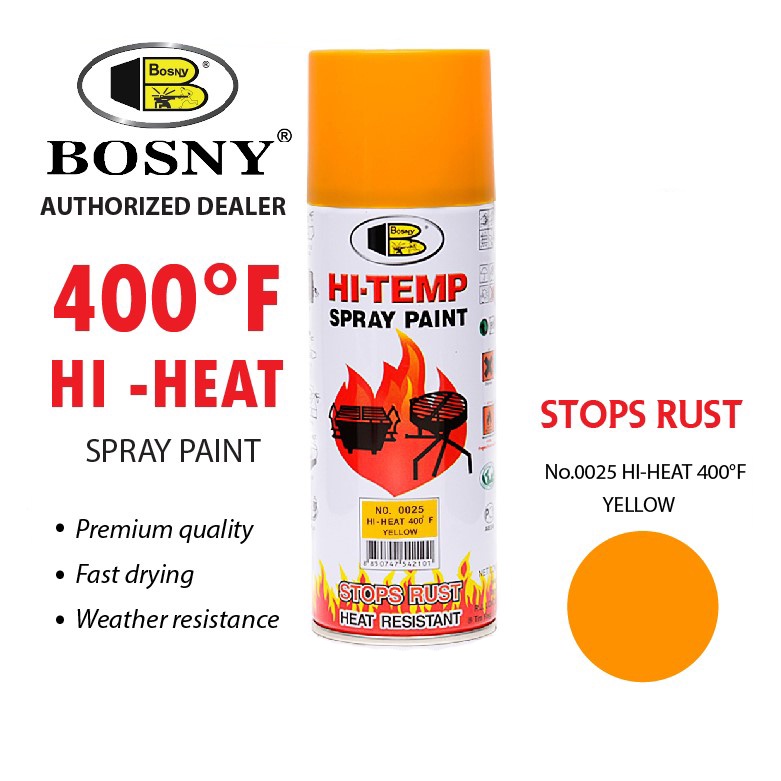 Bosny High Heat Hi Temp Resistant 400F Spray Paint No.0025 Yellow Hi