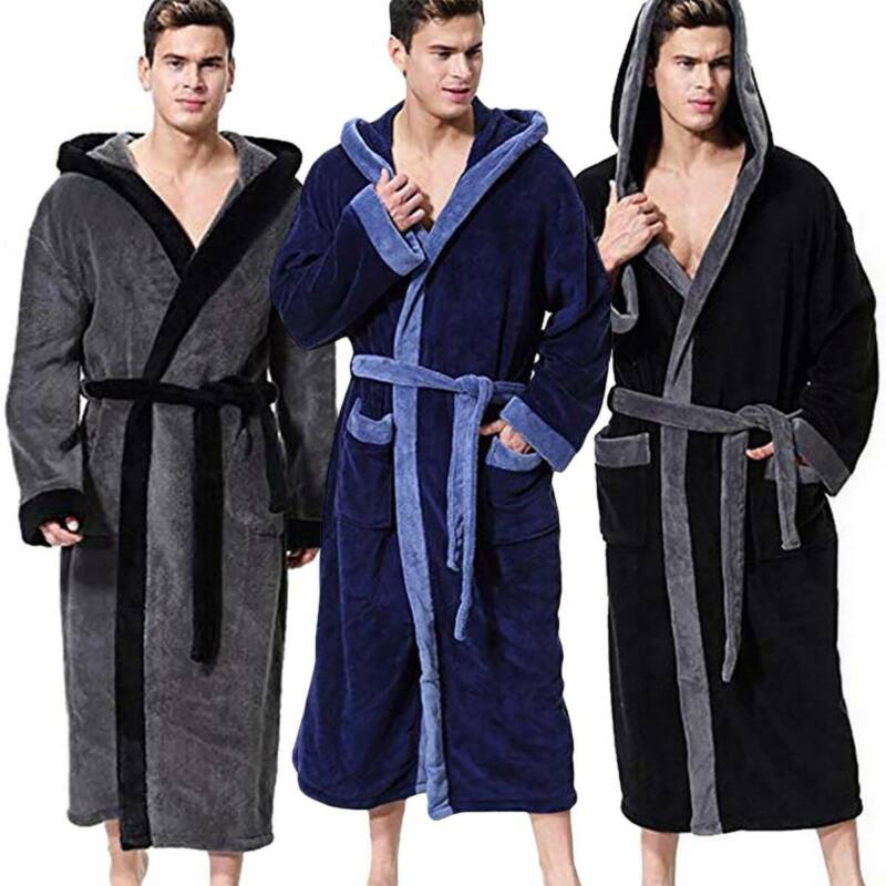Mens Hooded Fleece Bathrobe Laceup Waist Dressing Gown Soft Cozy Plus