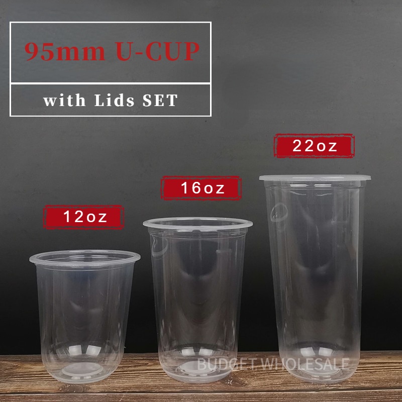 [100pcs] Plastic U CUP with Lids SET (8oz, 12oz, 16oz, 22oz) 95mm for