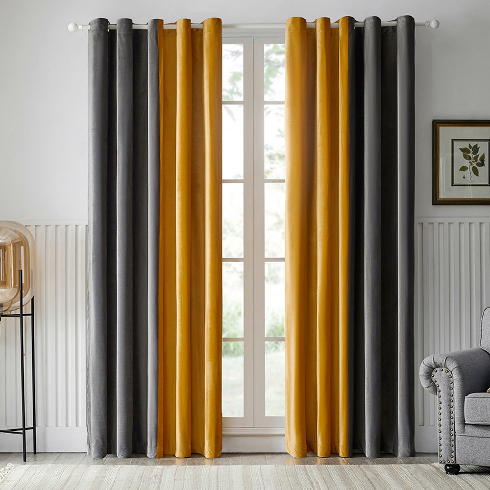 【Boutique】Modern Grey Yellow Velvet Blackout Curtains for the Bedroom