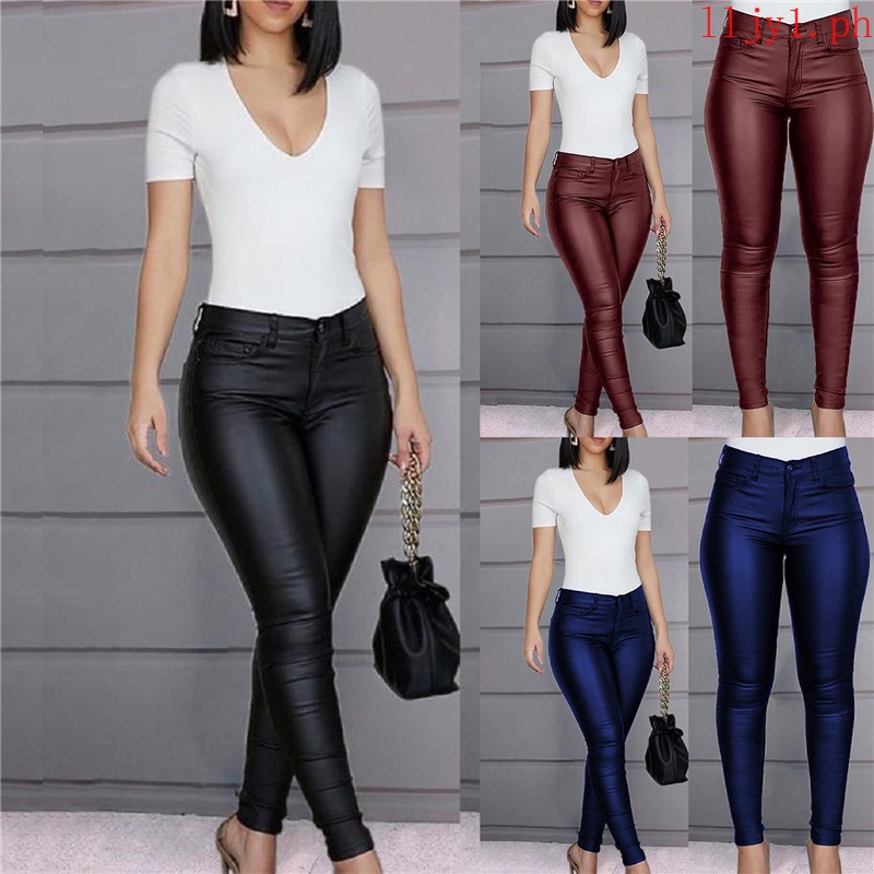 (LILY)Women's Casual Fashion Bottoms Pure Color Hose Leather Skinny