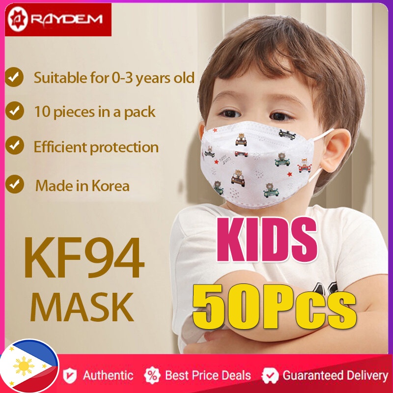 RAYDEM 50pcs Kf94 Kids Mask Kf94 For Kids Face Mask 4 Layers Korean