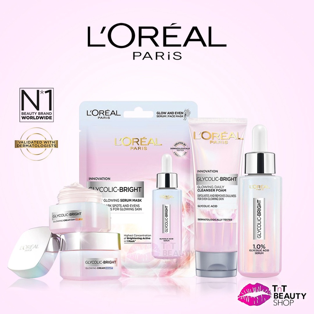 L'oreal Paris Glycolic Bright Glowing SERIES Day Night Cream Facial Wash Serum Face Mask