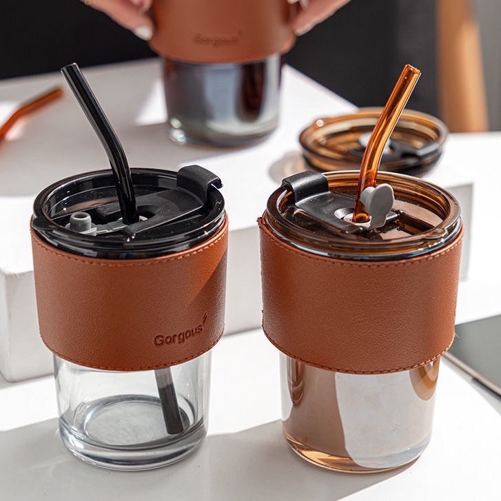 Glass cup with straw Coffee cup tumbler antiscalding leather case