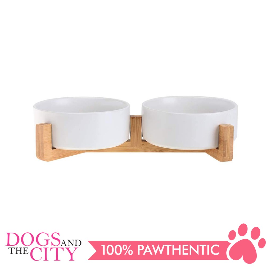 DGZ Double Ceramic Pet Bowl With Wood Stand 2x650ml 31x17x9cm for Dog