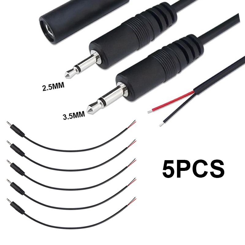 5pcs 2.5mm 3.5mm Mono Connector Cable 25cm 2pin Extension Wire Male