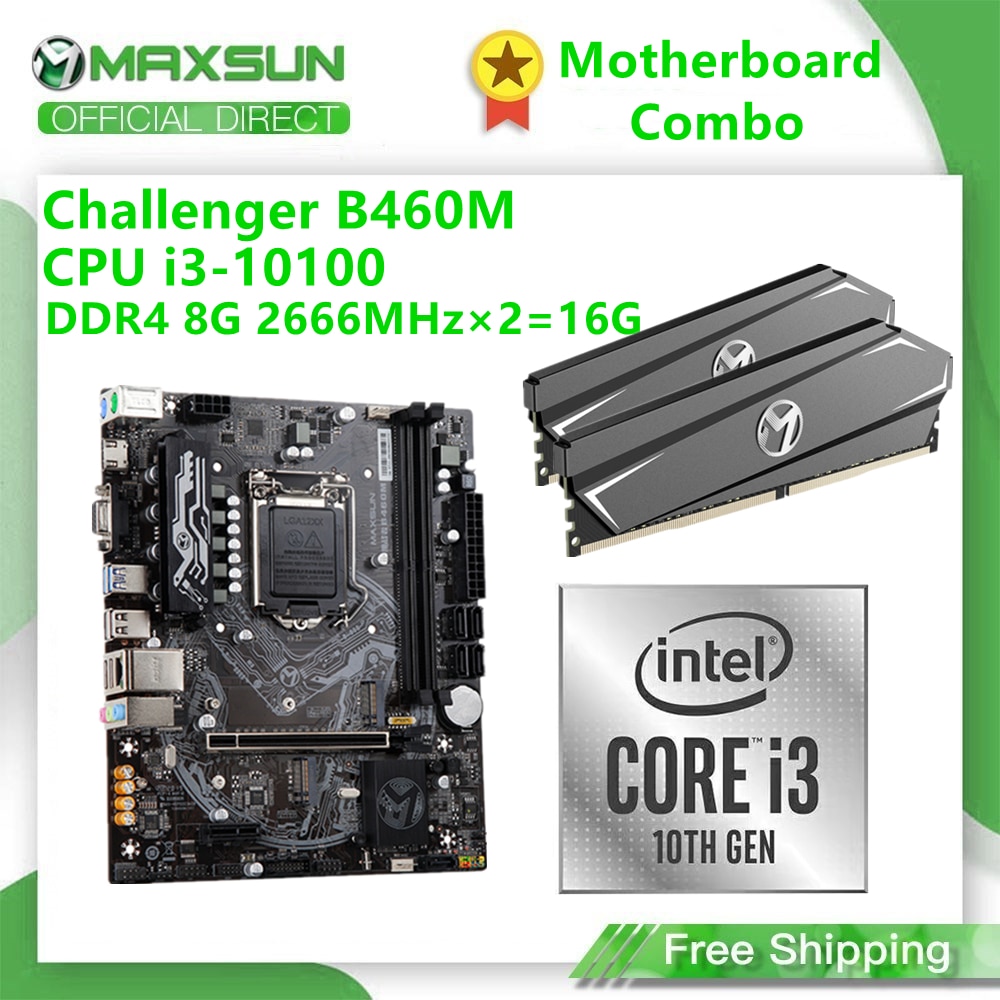 MAXSUN Mainboard Combo Motherboard Challenger B460M + Intel CPU i3 10100 LGA1200 +RAM DDR4 8G