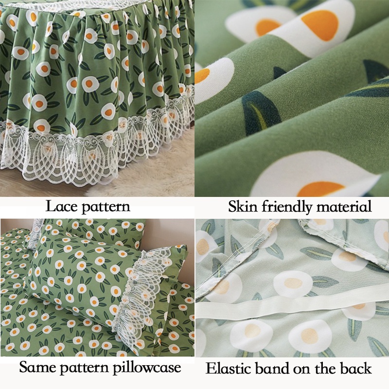 cod Wedding Bed Sheet Cover Floral Pattern Bed Skirt with Lace Princess