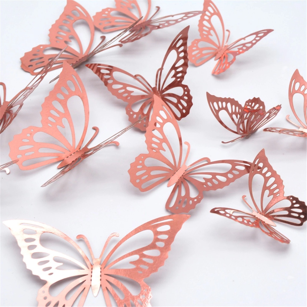 12Pcs/Pack 3D Hollow Out Butterfly Stickers Gold/Silver/Rosegold Mirror
