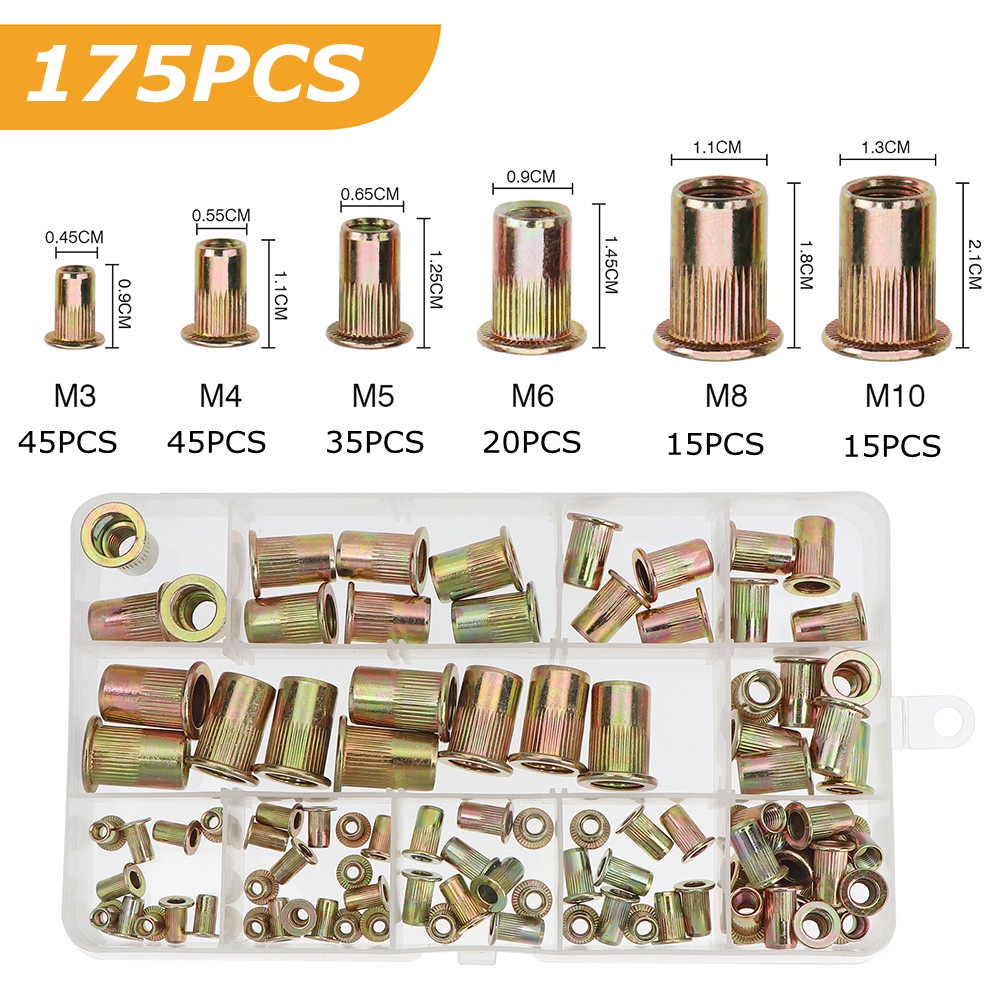175pcs M3M10 Rivnut Steel Rivet Nut Insert Rivets Multi Size Flat Head