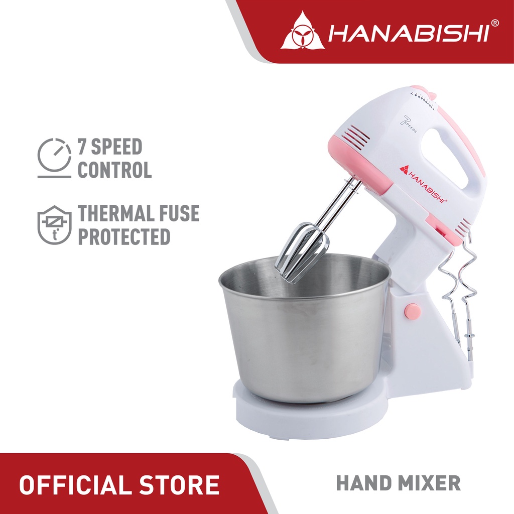 Hanabishi Hand Mixer HHMB120SS Best for Baking 7speed Bowl, Beater
