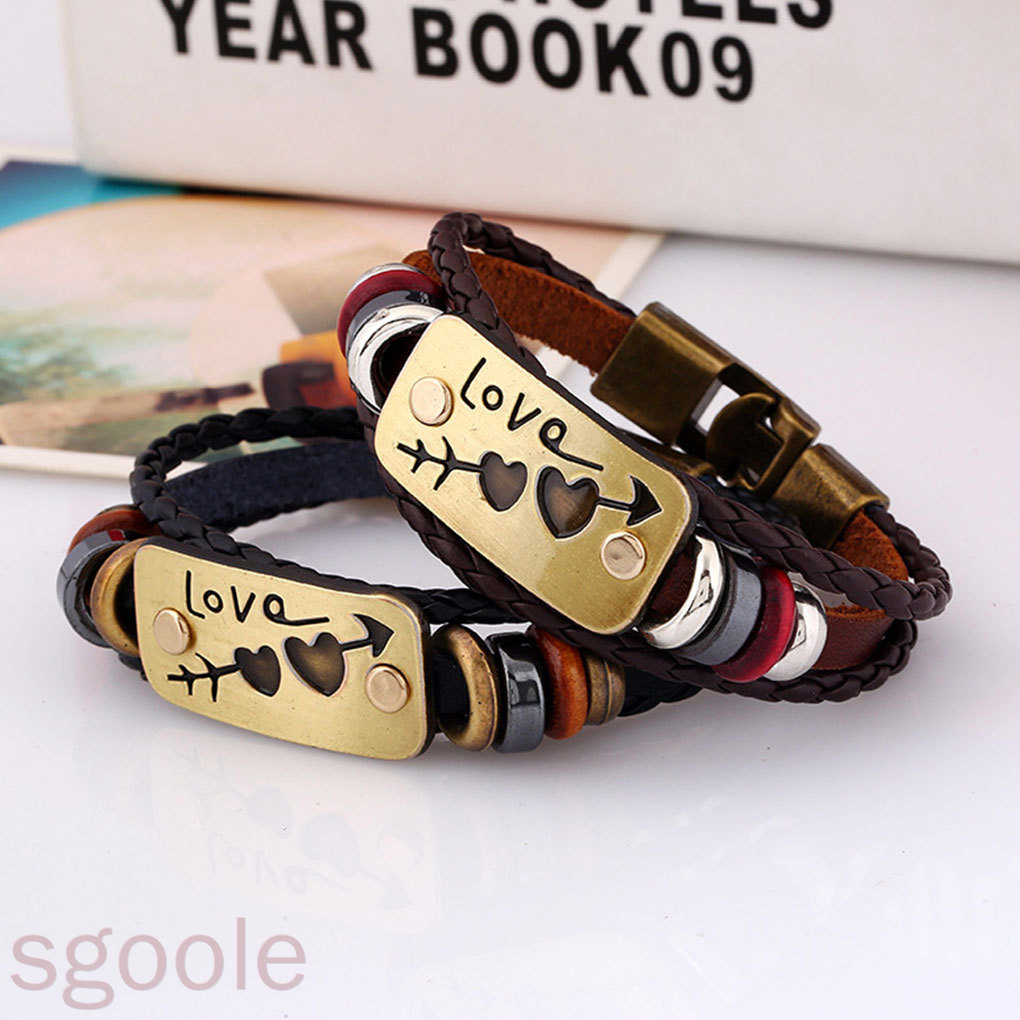 2Pcs Multilayer Leather Woven Couples Bracelet Female Hand Rope Heart