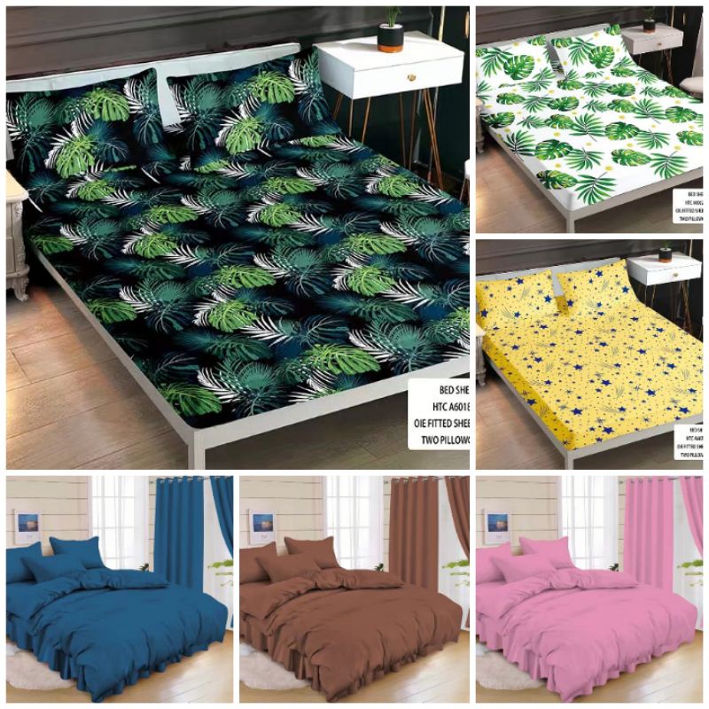 3 in 1 Cotton Fitted Bedsheet Set with Pillow Case Queen Size 150cm