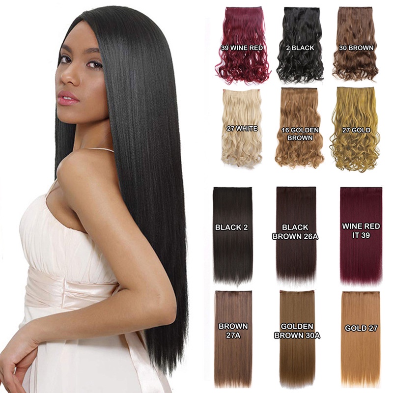 Philippines no.1 High Quality 60cm Long Straight Clip On Wig Synthetic Hair Extension 5 Clips