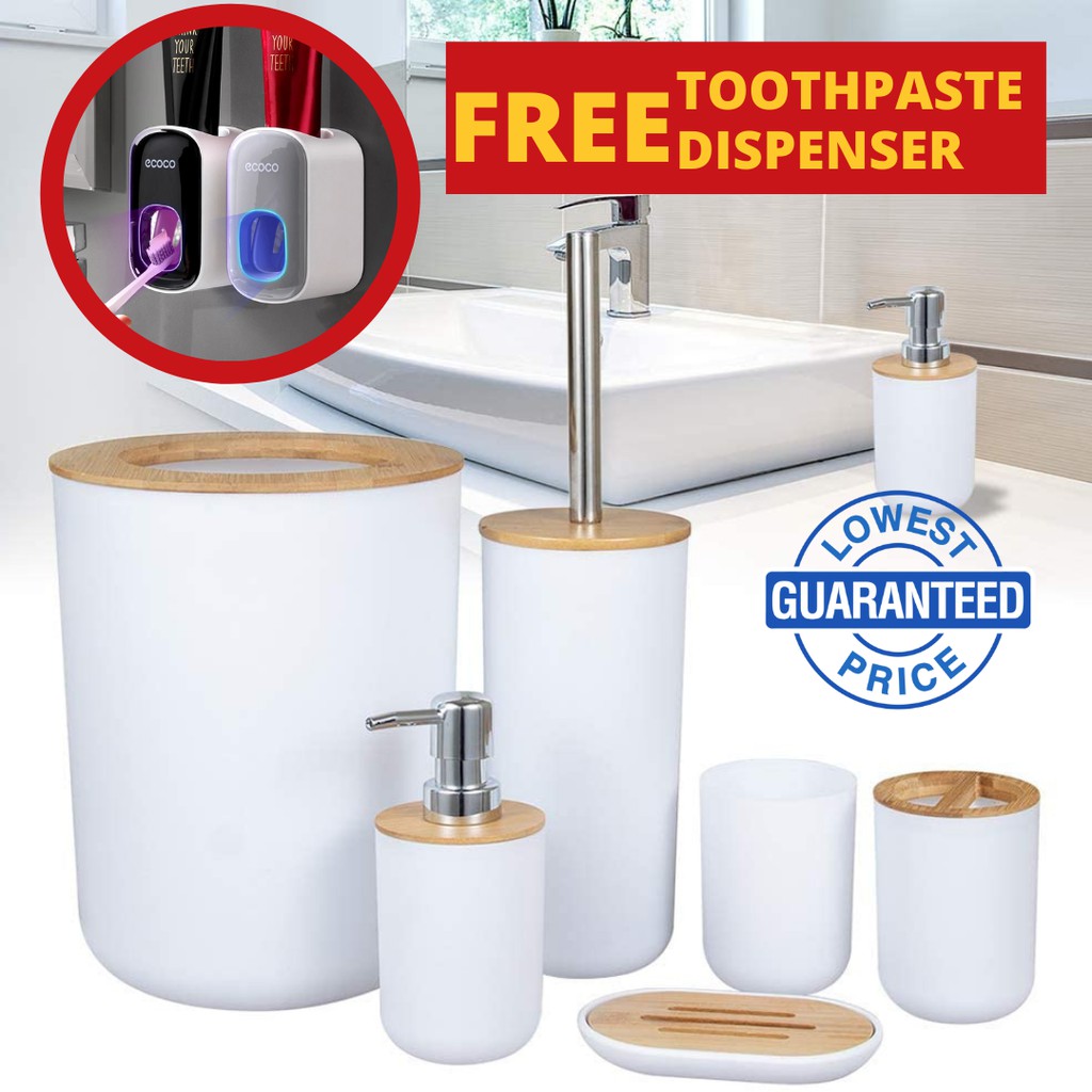 6 Pieces Bamboo Bathroom Accessories Set Stylish Plastic Organizer