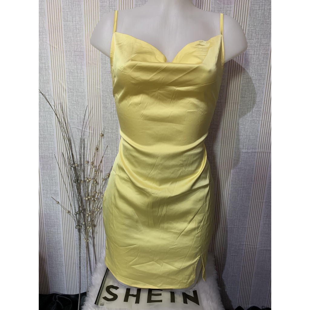 Elegant Silk yellow dress for women with slit Shopee Philippines