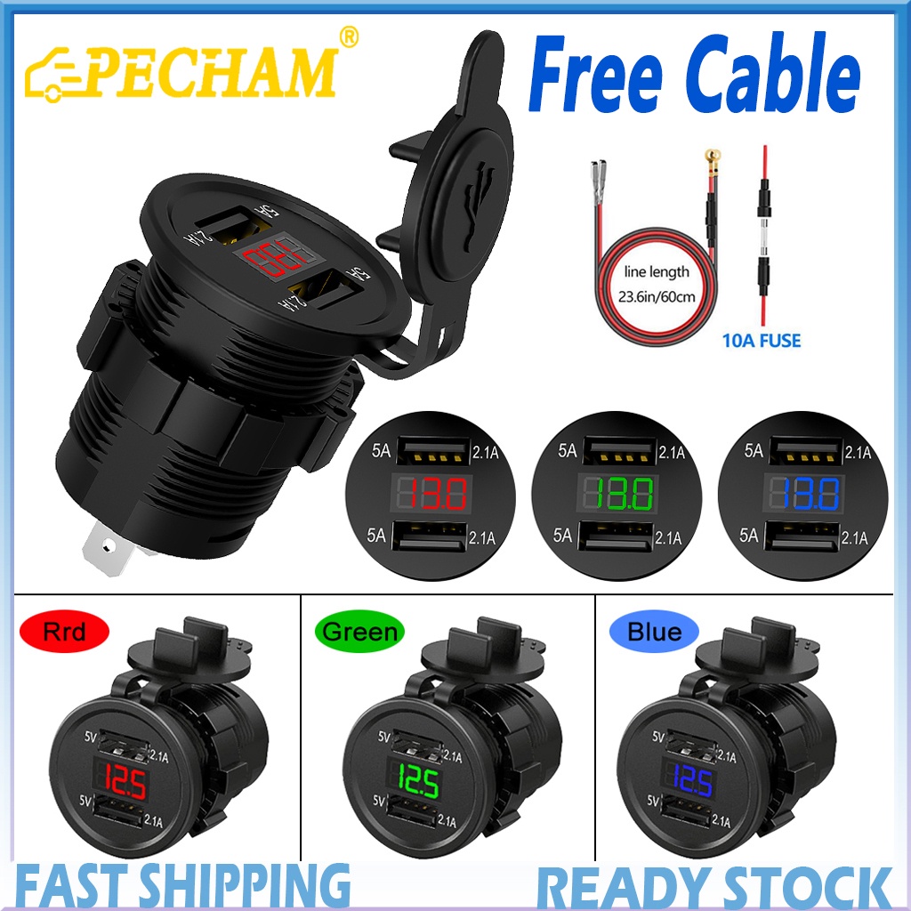 PECHAM 1224V 4.2A Waterproof Dual Ports Usb Car Charger Power Outlet With Voltage Display For