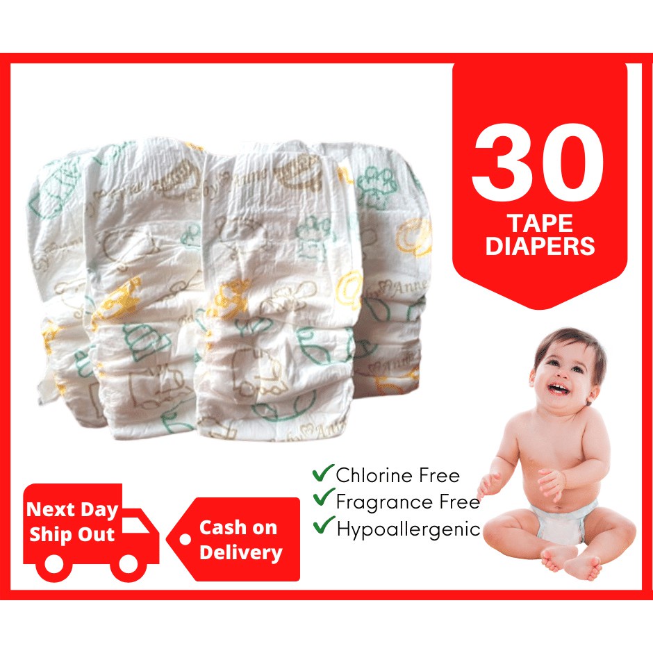Latex and Fragrance Free Premium Gentle Tape Baby Diapers, 30 Pcs Per