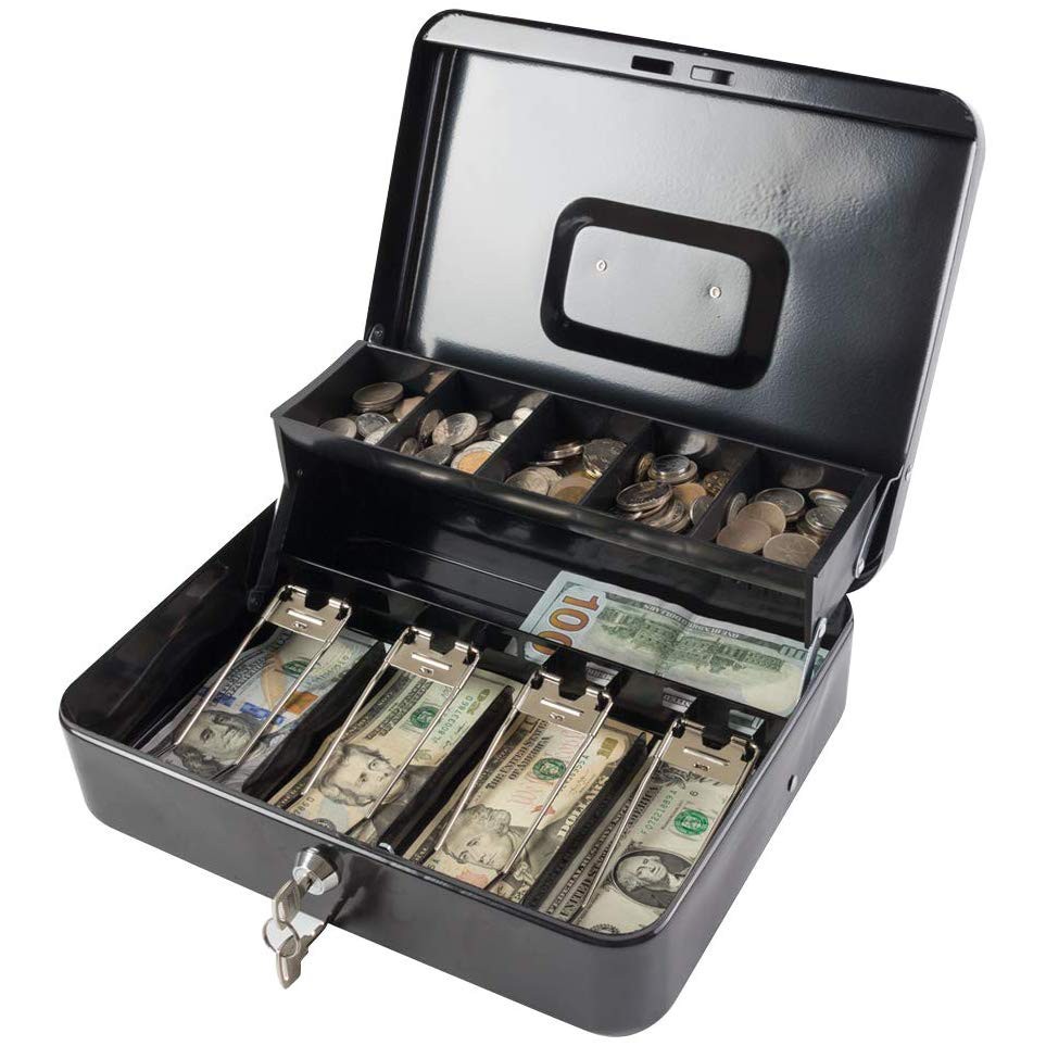 Cash Box with Money Tray Durable Large Steel Money Box 5 Compartment