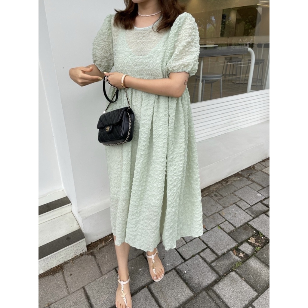 Y586 Miss M Fashion Elastic Sleeve Solid Bubble Babydoll Dress Shopee