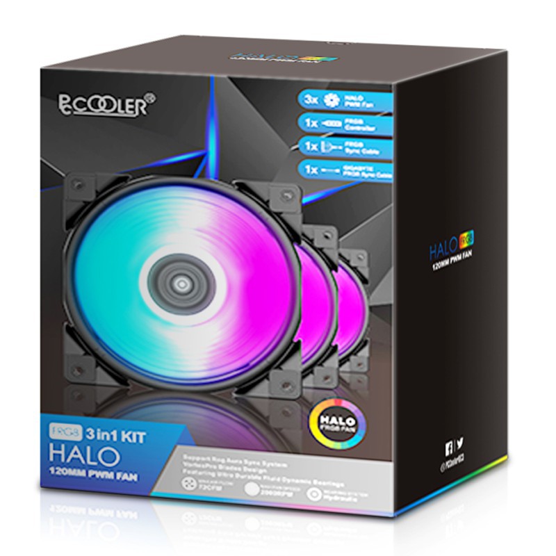 PCCOOLER 3 in 1 KIT HALO RGB Fan 12cm 12V＆5V FRGB 3pin＆4pin PWM Quiet Cooling Fans 120mm RGB Fan