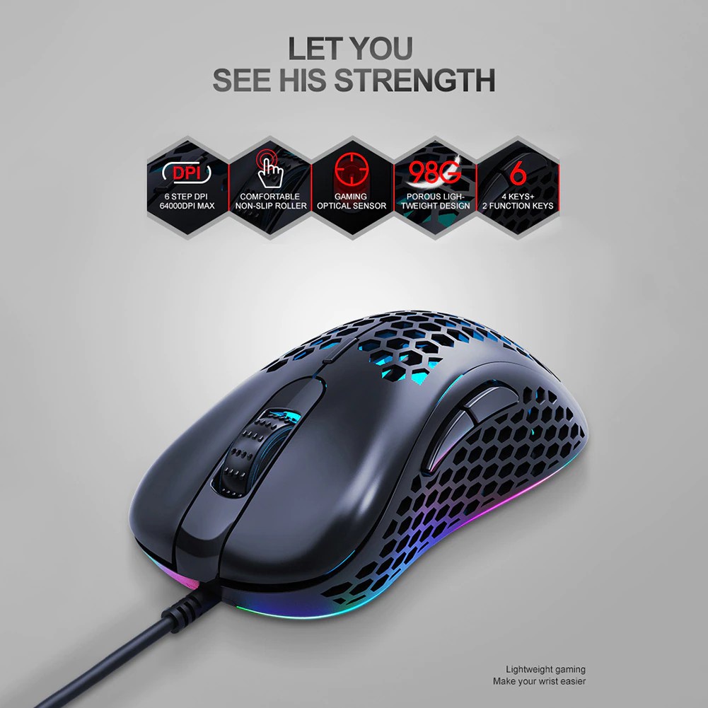 ஐTWOLF G540 Gaming Mouse USB Wired Holes Breathing Light