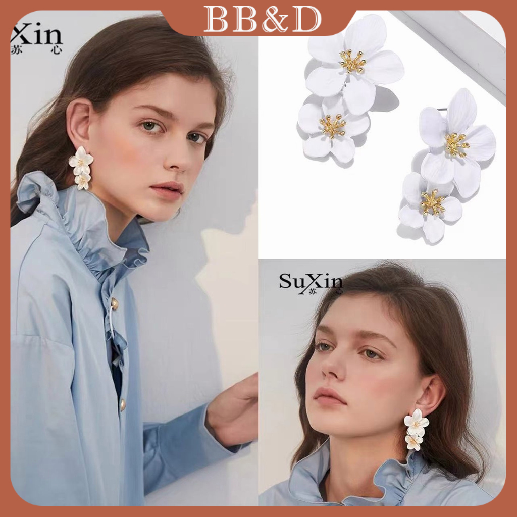 korean earrings double layers white flower drop earrings women Shopee