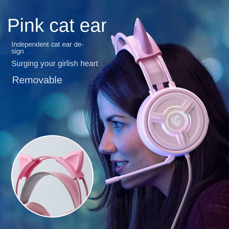 Cat Ears Pink HeadMounted Wired Gaming Desktop Laptop Game Headset