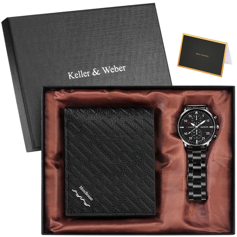 Special Gift Set To Men with Leather Short Wallet Quartz Analog