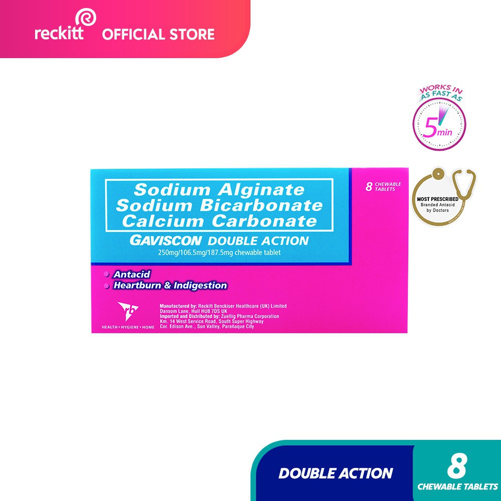 Gaviscon Double Action Antacid Chewable Tablet 250mg Pack of 8s for Acid Relfux and Heartburn