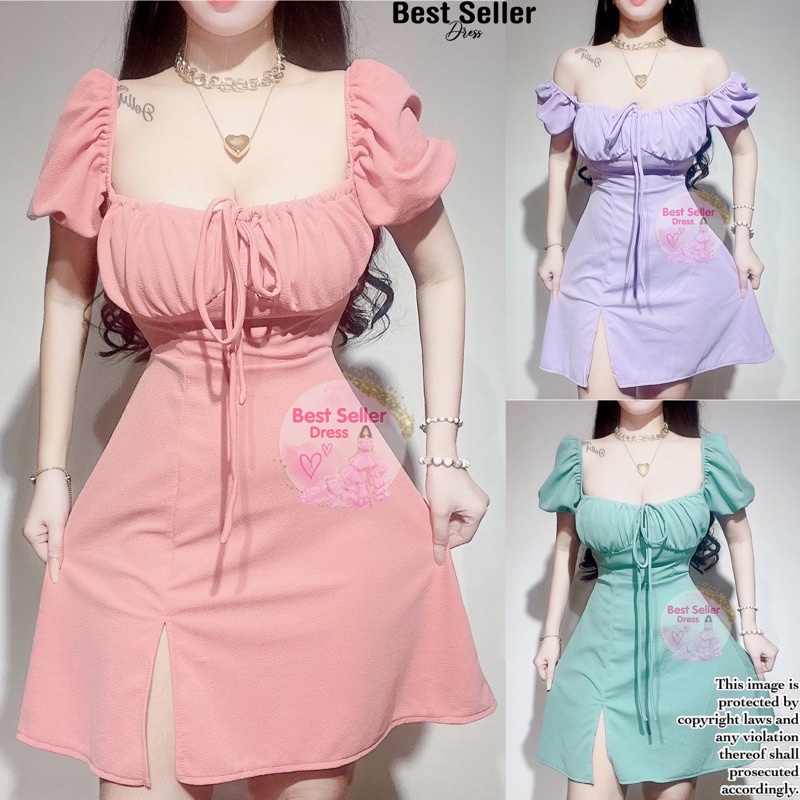 Best Seller Selena (SXXL) 2 Way Puff Sleeves Mini Slit Dress (BEST