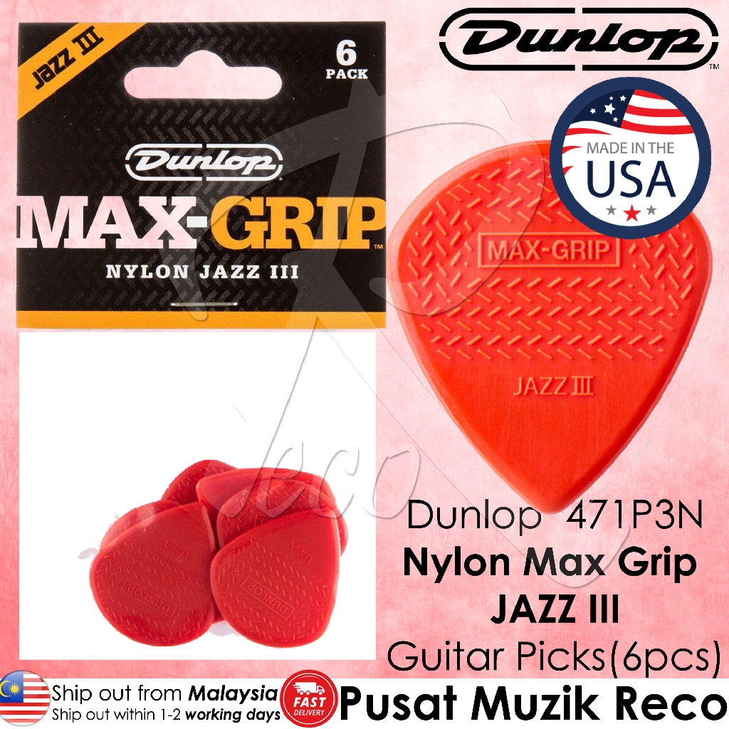 Dunlop 471P3N Nylon Max Grip Jazz III NON SLIP Guitar Pick 1.38mm [6pcs