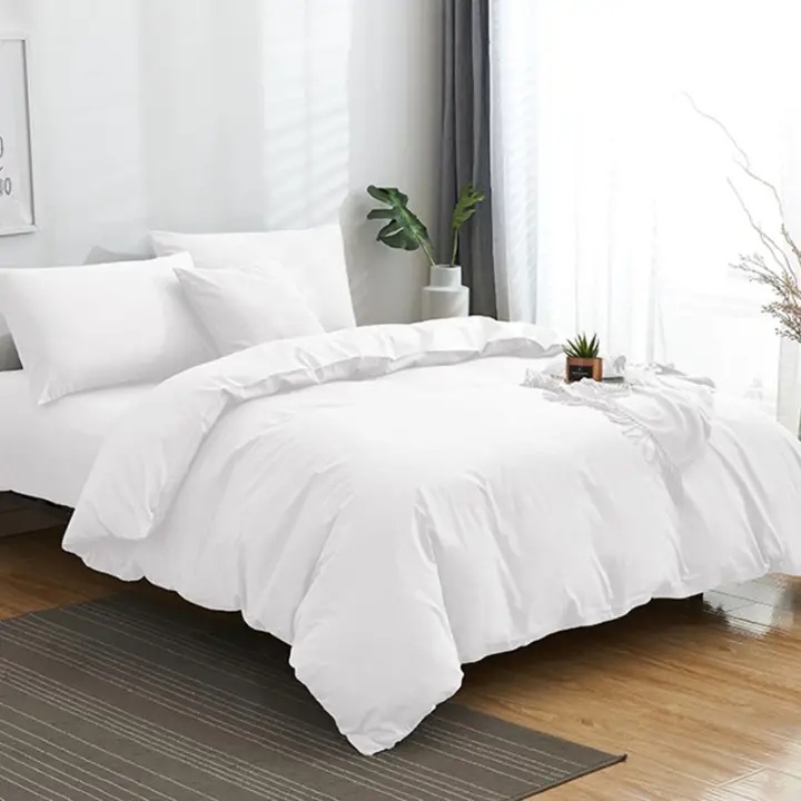 4 in 1 Set Plain White Cotton Beddings With 2cs Pillowcase and 1pc