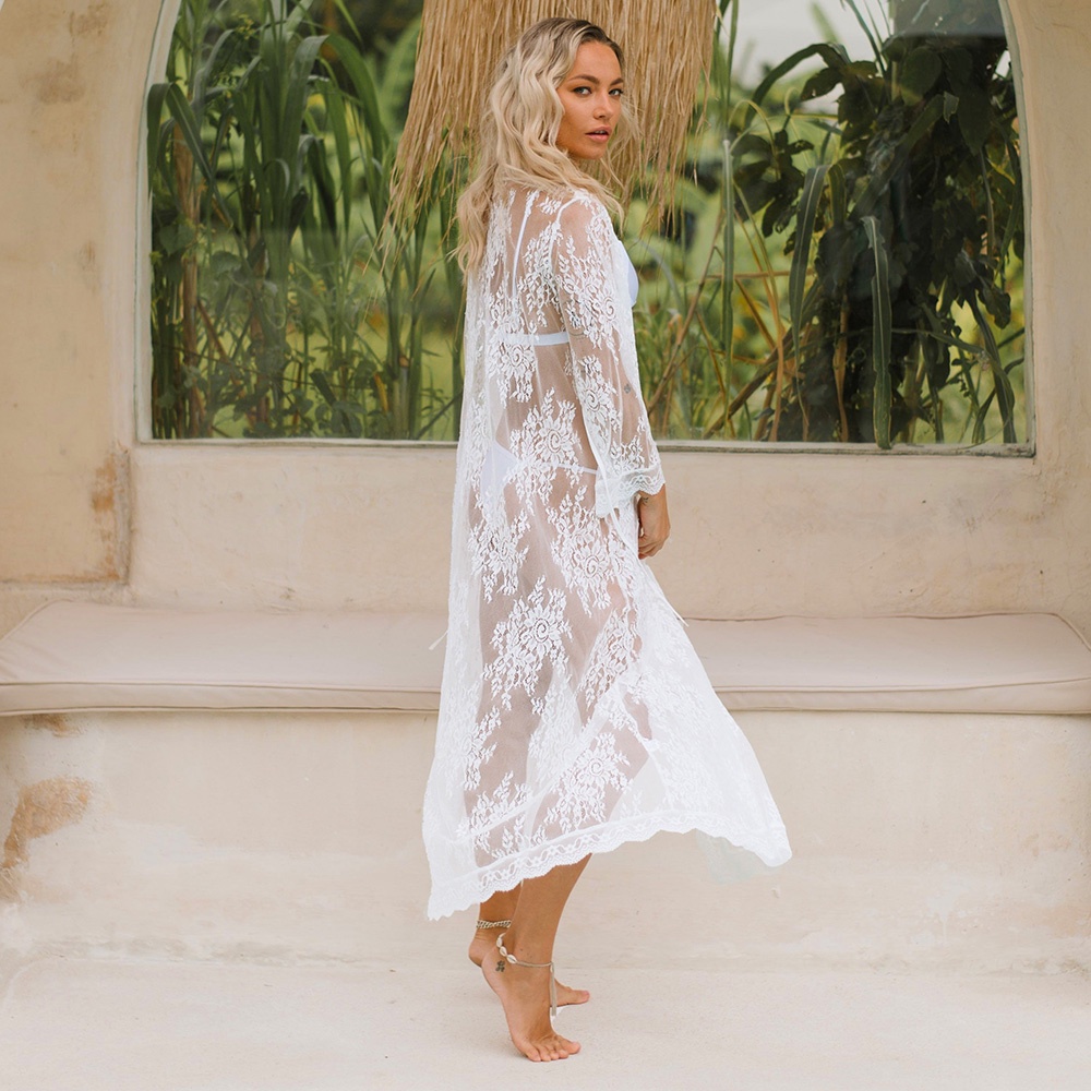 √White Lace Swimsuit Cover Up Women Beach Sexy Sheer Bikini Pareo Long