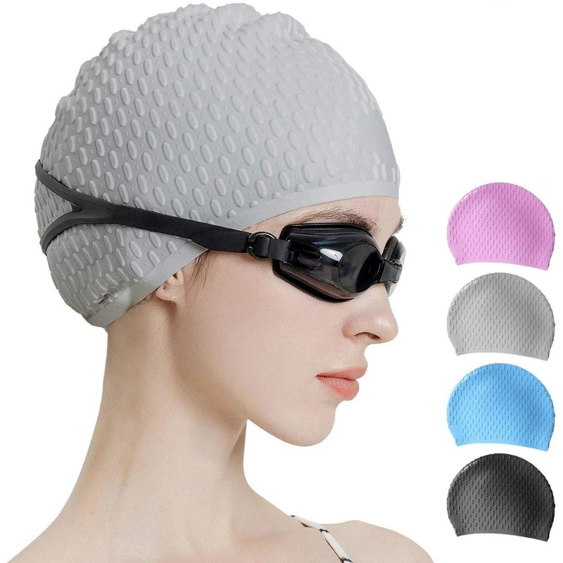 Men Women Silicone Rubber Swimming Cap/Ear Pockets for Adult Waterproof