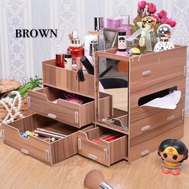 Multifunctional Desktop Storage Box Wooden Makeup Organizer Case with