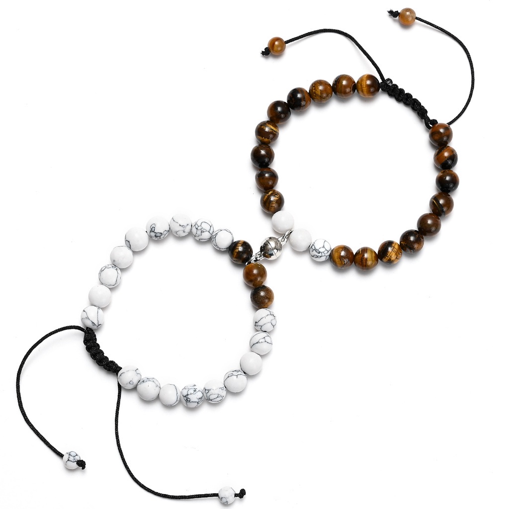 2Pcs White and Black Distance Couple Bracelets 8mm Natural Stone Beads