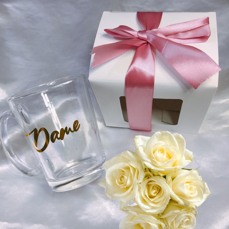 PERSONALIZED Clear glass coffee mug with box and ribbon Shopee