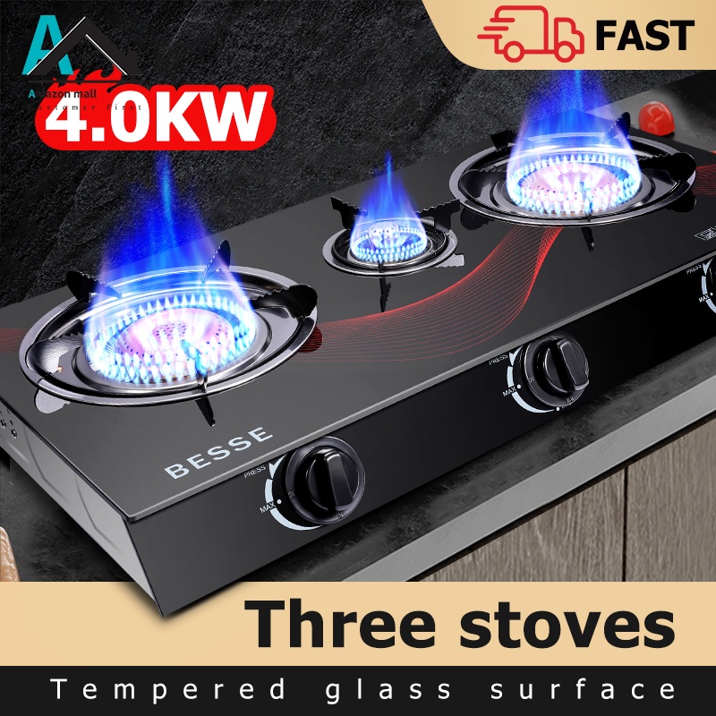 Threeburner gas stove, stainless steel body, tempered glass surface, electronic ignition
